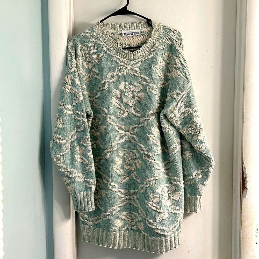 White Stag Vintage  Aqua Cream Knit Oversized Floral Print Sweater Size Small